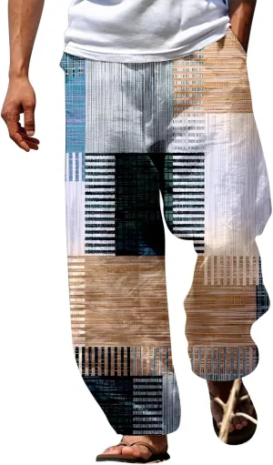 Mens Quick Drying Plus Size Baggy Casual Traveling Pants Color Block Trousers Lightweight Summer Elastic Waist Palazzo 2024