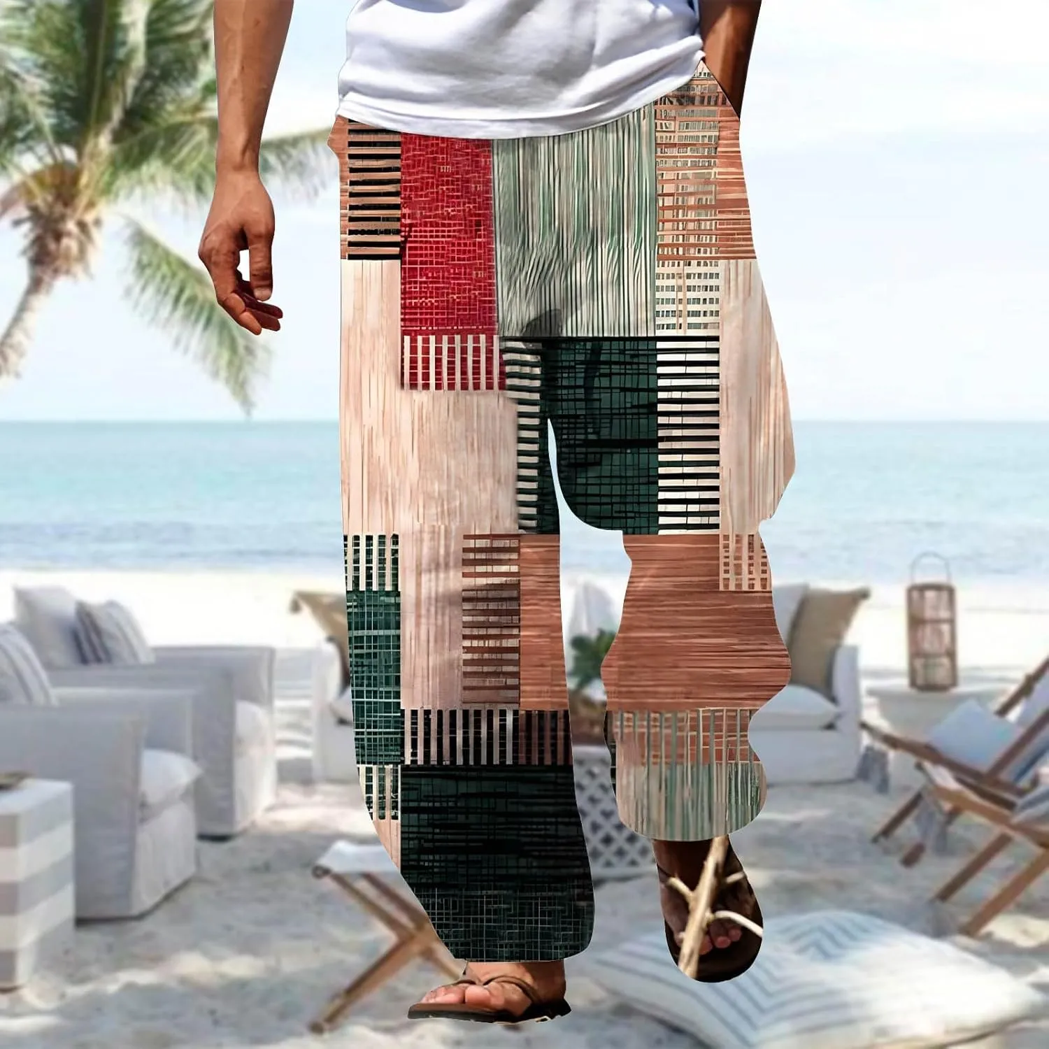 Mens Quick Drying Plus Size Baggy Casual Traveling Pants Color Block Trousers Lightweight Summer Elastic Waist Palazzo 2024
