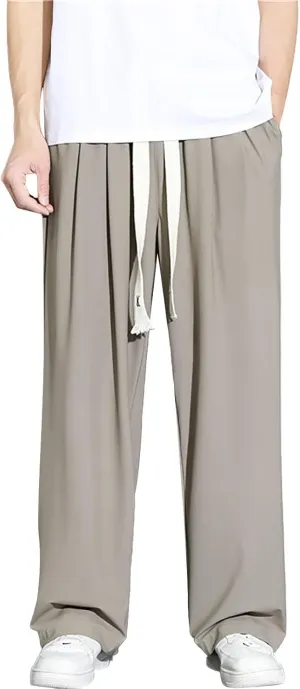 Mens Straight Casual Pants Lightweight Breathable Drawstring Quick Drying Loose Trousers Summer Solid Outdoor Traveling Pants