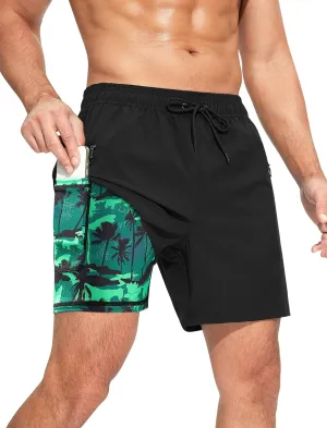 Mens Swim Trunks with Printed Compression Liner Quick Dry Bathing Suits 6" Beach Swimming Shorts with Zipper Pockets