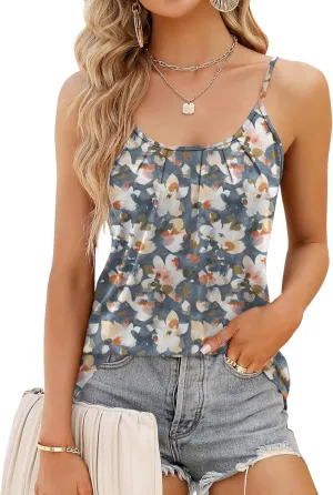 Micoson Women Scoop Neck Tank Tops Sleeveless Adjustable Spaghetti Strap Camisole Casual Pleated Basic Shirt