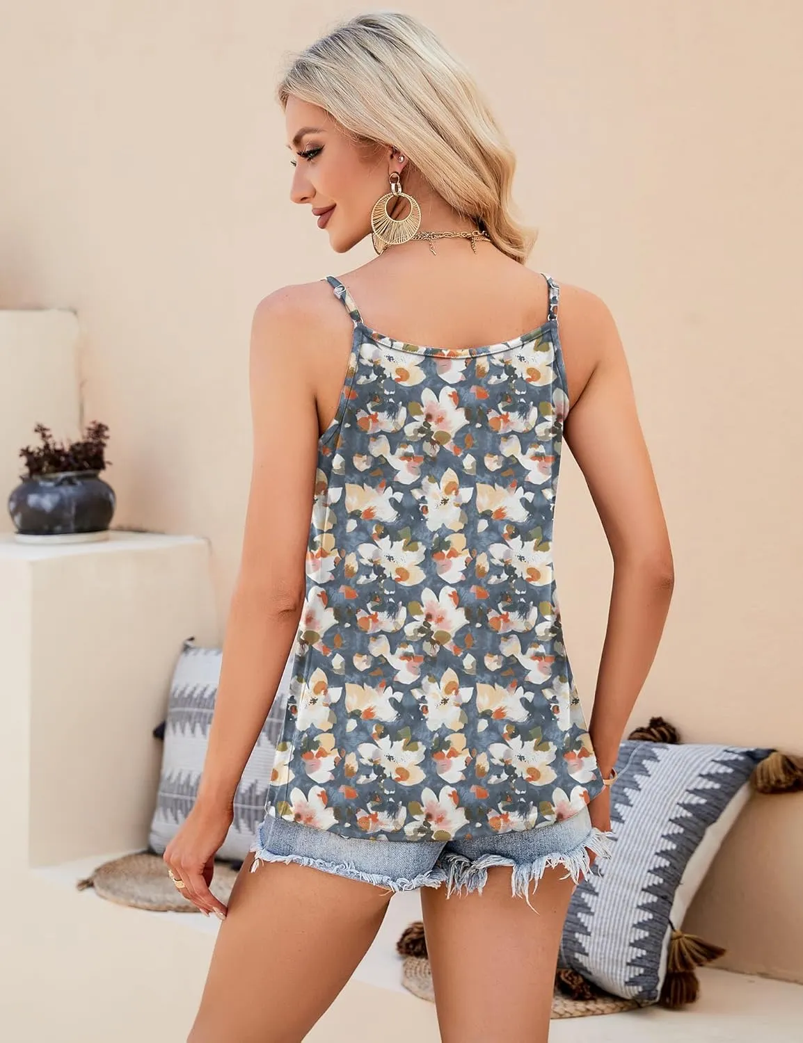 Micoson Women Scoop Neck Tank Tops Sleeveless Adjustable Spaghetti Strap Camisole Casual Pleated Basic Shirt