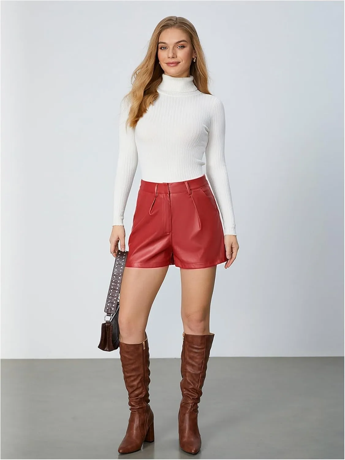 Milumia Women's PU Leather High Waisted Pleated Wide Leg Dressy Shorts with Pocket