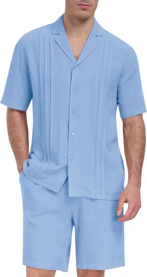 MoFiz Men's Linen Sets 2 Pieces Summer Vacation Party Beach Outfits Short Sleeve Button Down Shirts and Pants Set