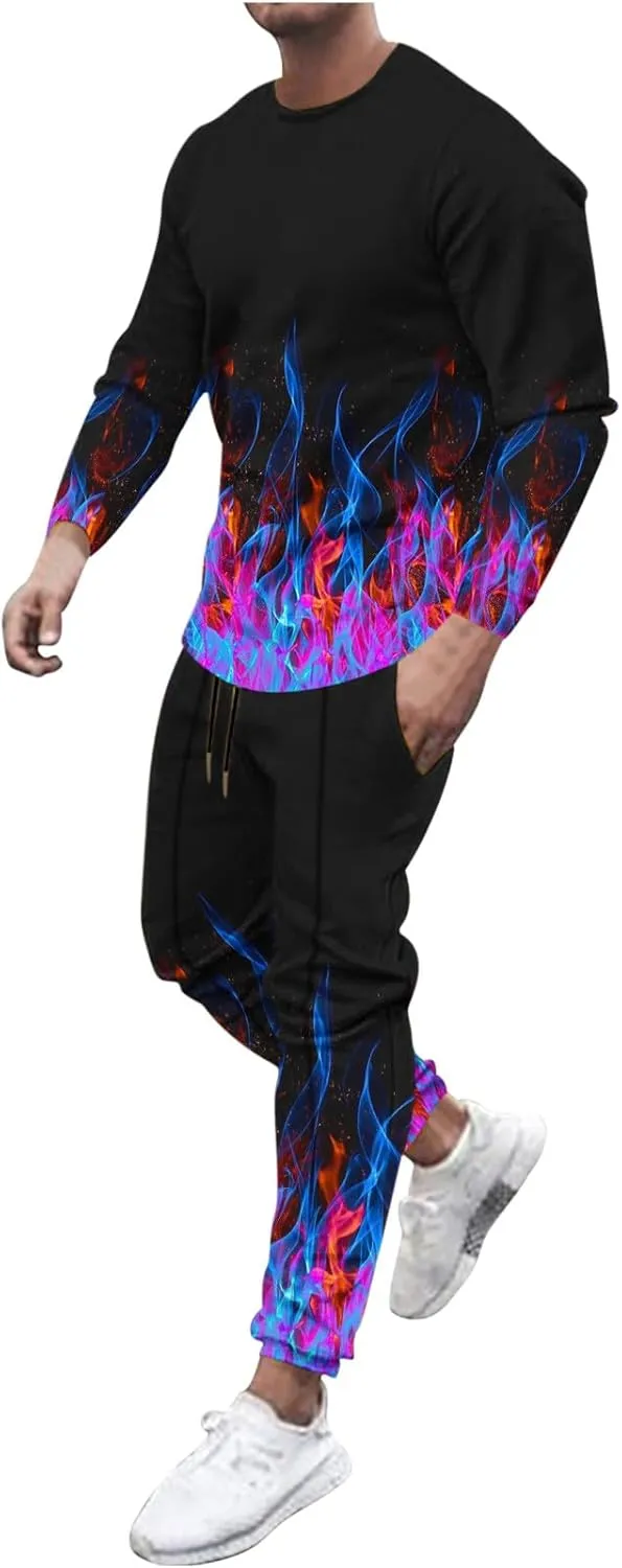 Muscularfit Men's Casual Tracksuit Long Sleeve Running Jogging Sweatsuit Causal Long Sleeve 3D Flame Print Sweatsuit 2 Piece