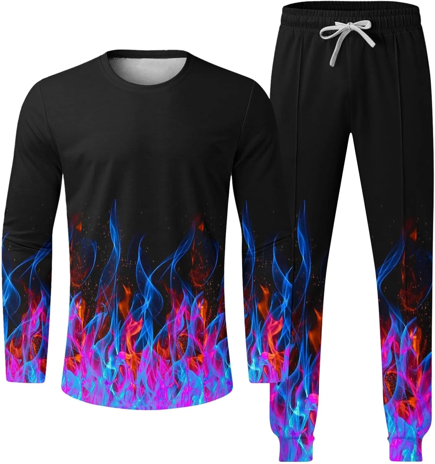 Muscularfit Men's Casual Tracksuit Long Sleeve Running Jogging Sweatsuit Causal Long Sleeve 3D Flame Print Sweatsuit 2 Piece