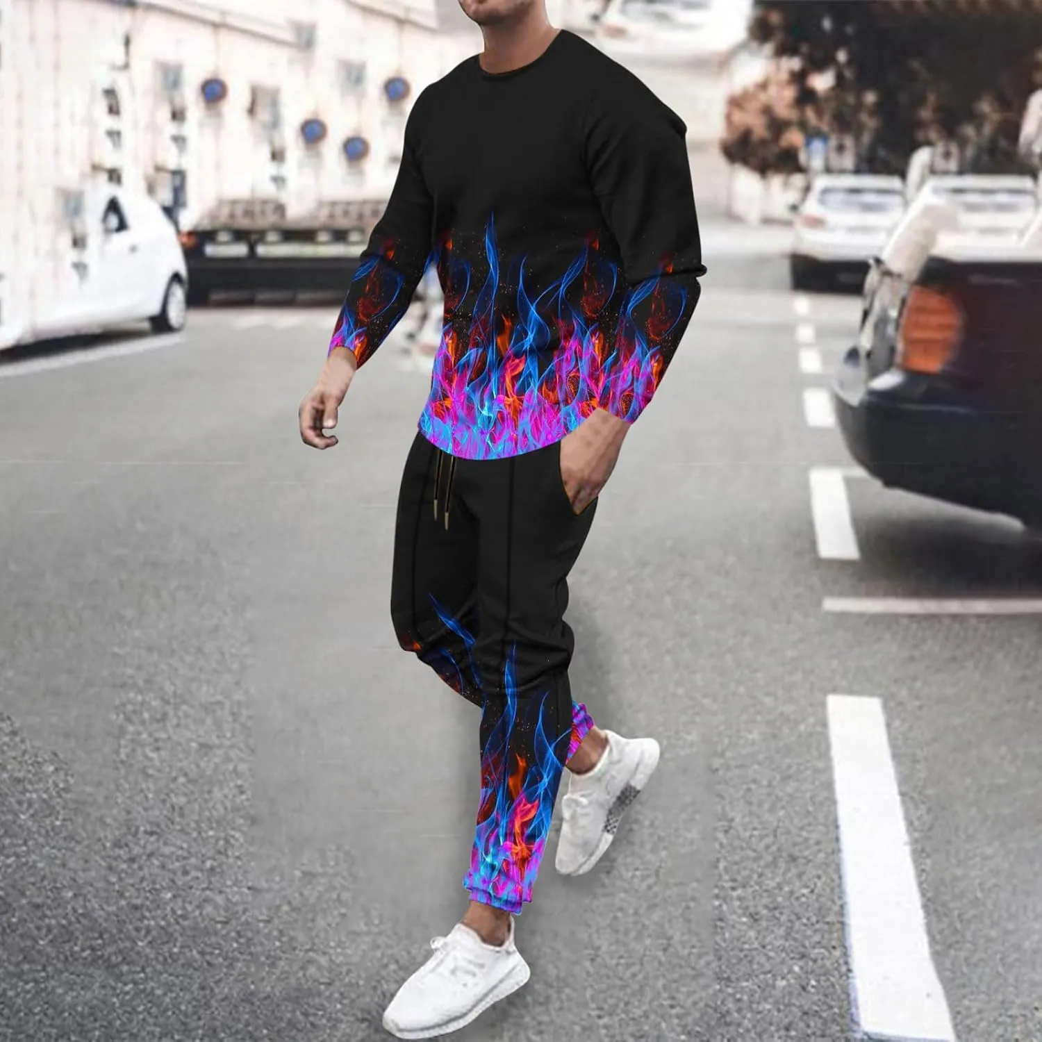 Muscularfit Men's Casual Tracksuit Long Sleeve Running Jogging Sweatsuit Causal Long Sleeve 3D Flame Print Sweatsuit 2 Piece