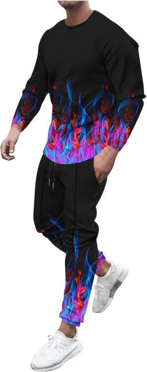 Muscularfit Men's Casual Tracksuit Long Sleeve Running Jogging Sweatsuit Causal Long Sleeve 3D Flame Print Sweatsuit 2 Piece
