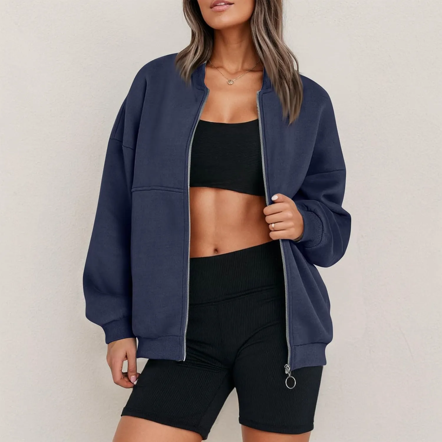 Oversized Zip Up Sweatshirt Women Bomber Fleece Zip Up Jacket Casual Athletic Workout Sweat Jackets with Pockets