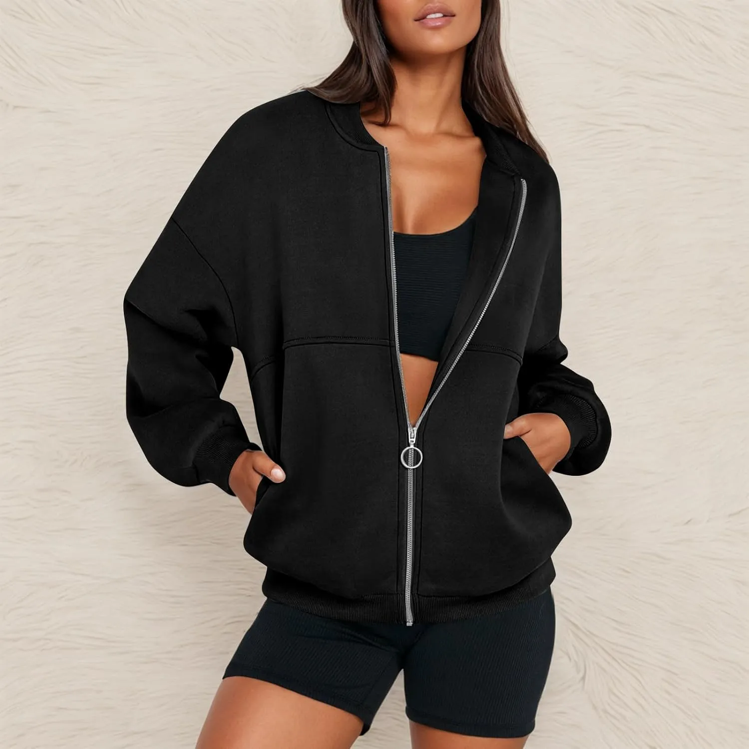 Oversized Zip Up Sweatshirt Women Bomber Fleece Zip Up Jacket Casual Athletic Workout Sweat Jackets with Pockets