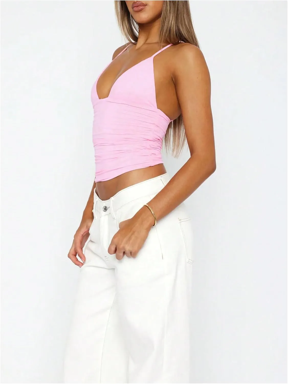 OYOANGLE Women's V Neck Spaghetti Strap Ruched Crop Cami Top Sleeveless Fitted Going Out Tops Camisole