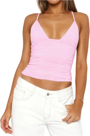 OYOANGLE Women's V Neck Spaghetti Strap Ruched Crop Cami Top Sleeveless Fitted Going Out Tops Camisole