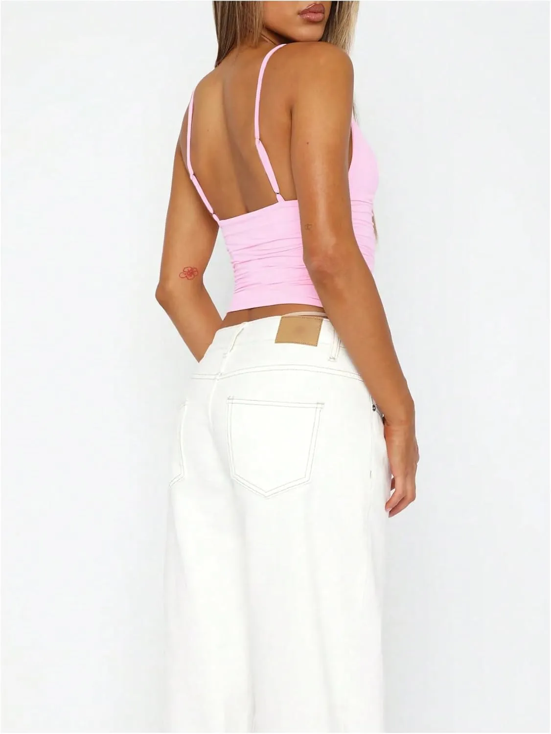 OYOANGLE Women's V Neck Spaghetti Strap Ruched Crop Cami Top Sleeveless Fitted Going Out Tops Camisole