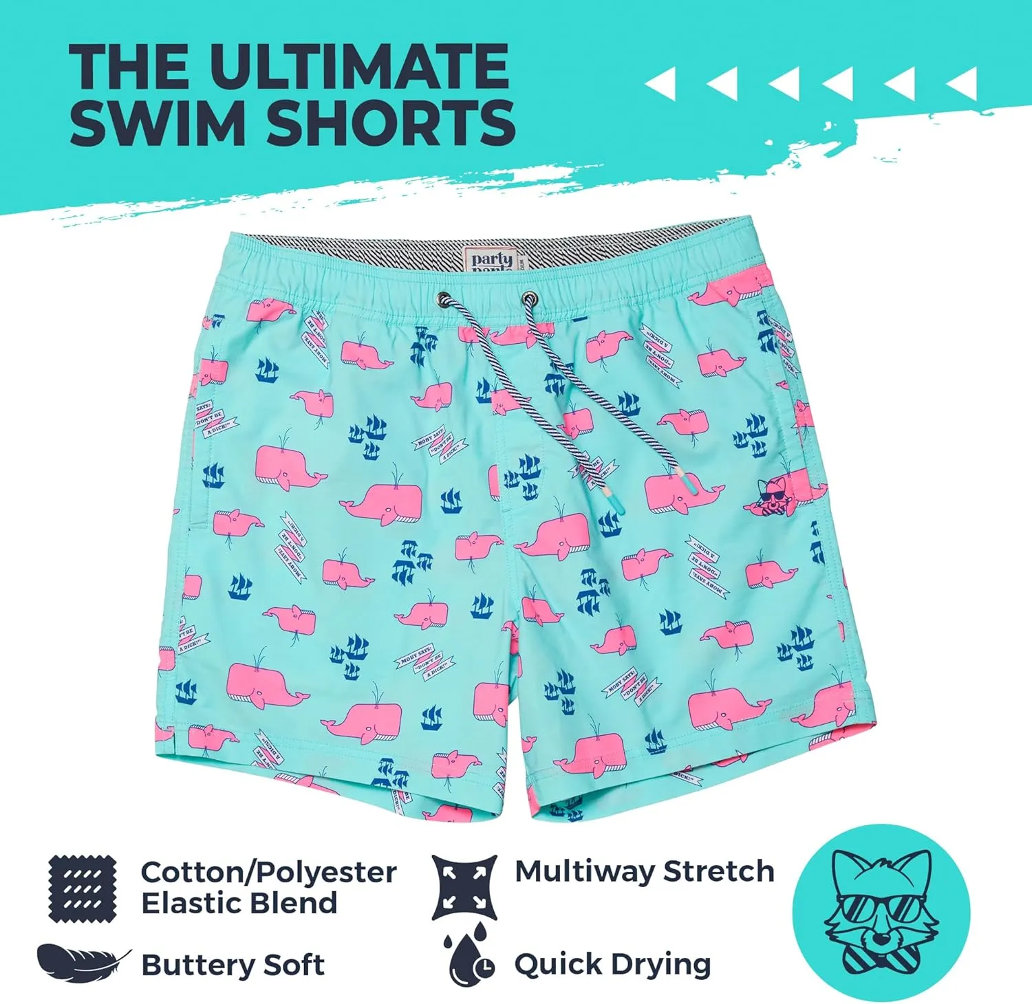Party Pants USA Mens Swim Trunks, Characters, Stretch Swimming Board Shorts, 5.5 Inseam