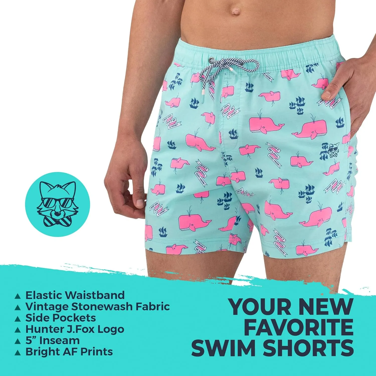 Party Pants USA Mens Swim Trunks, Characters, Stretch Swimming Board Shorts, 5.5 Inseam
