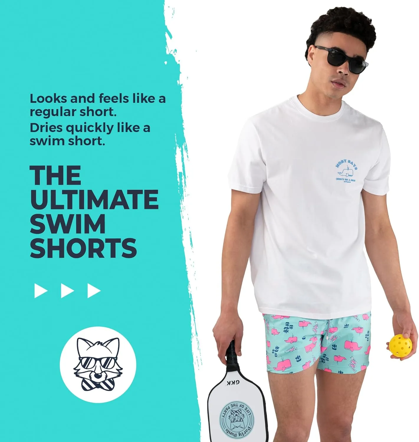 Party Pants USA Mens Swim Trunks, Characters, Stretch Swimming Board Shorts, 5.5 Inseam