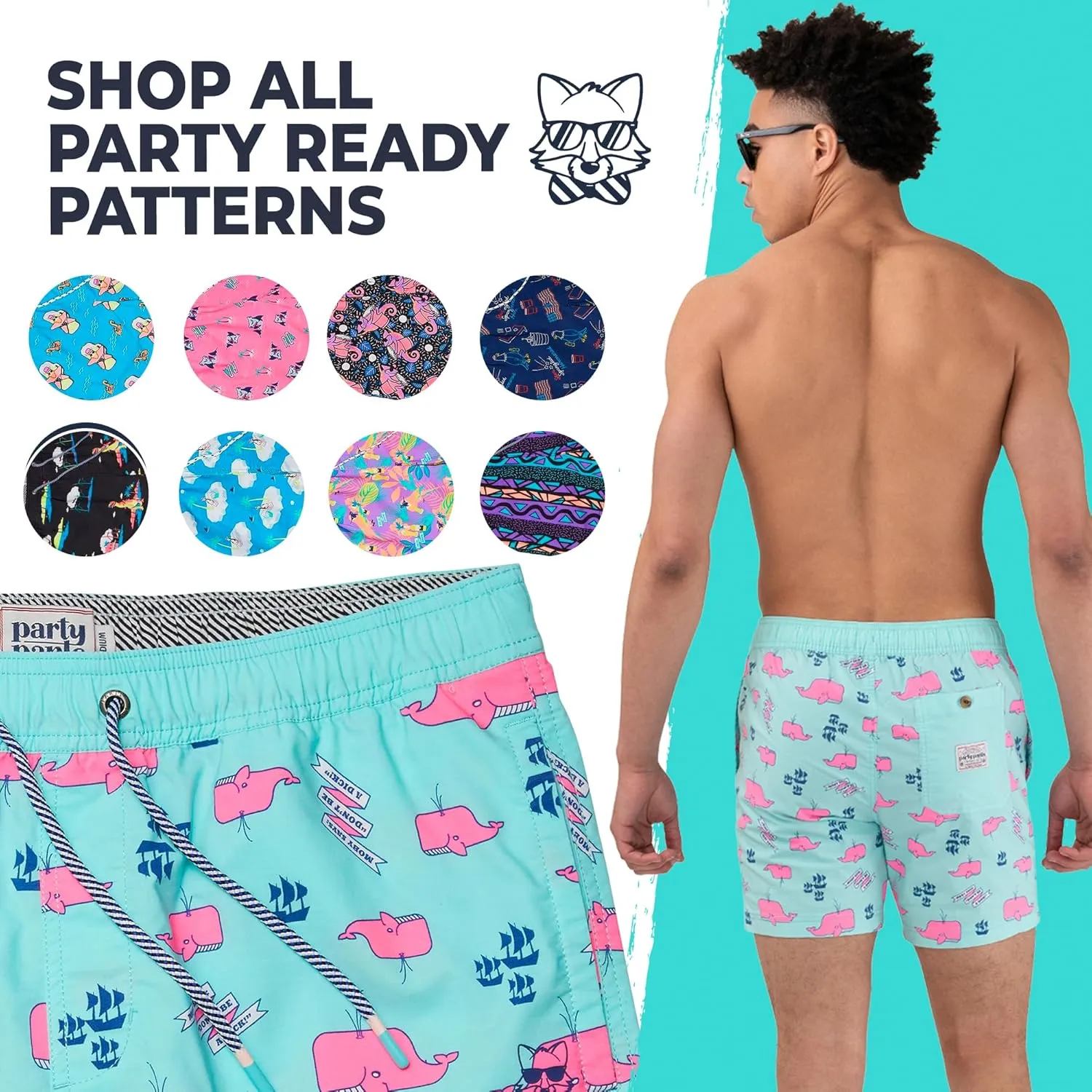 Party Pants USA Mens Swim Trunks, Characters, Stretch Swimming Board Shorts, 5.5 Inseam
