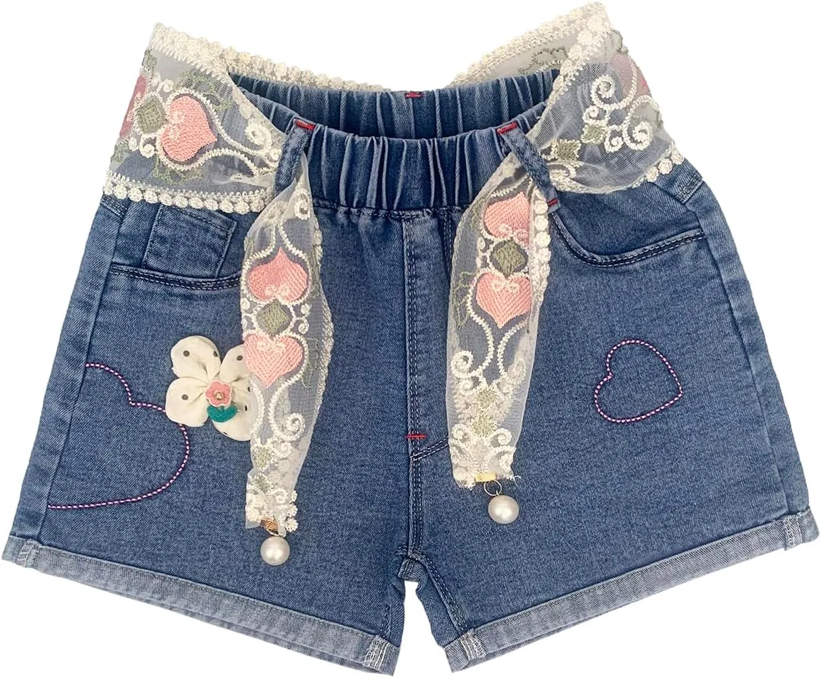 Peacolate 4-10Y Little&Big Girls Denim Summer Shorts Teens Elastic Waistband Heart Jeans