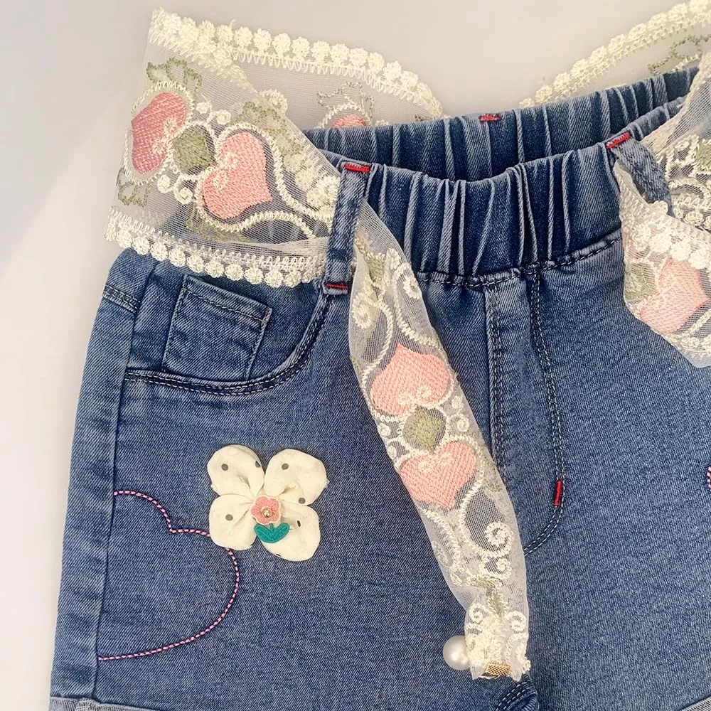 Peacolate 4-10Y Little&Big Girls Denim Summer Shorts Teens Elastic Waistband Heart Jeans