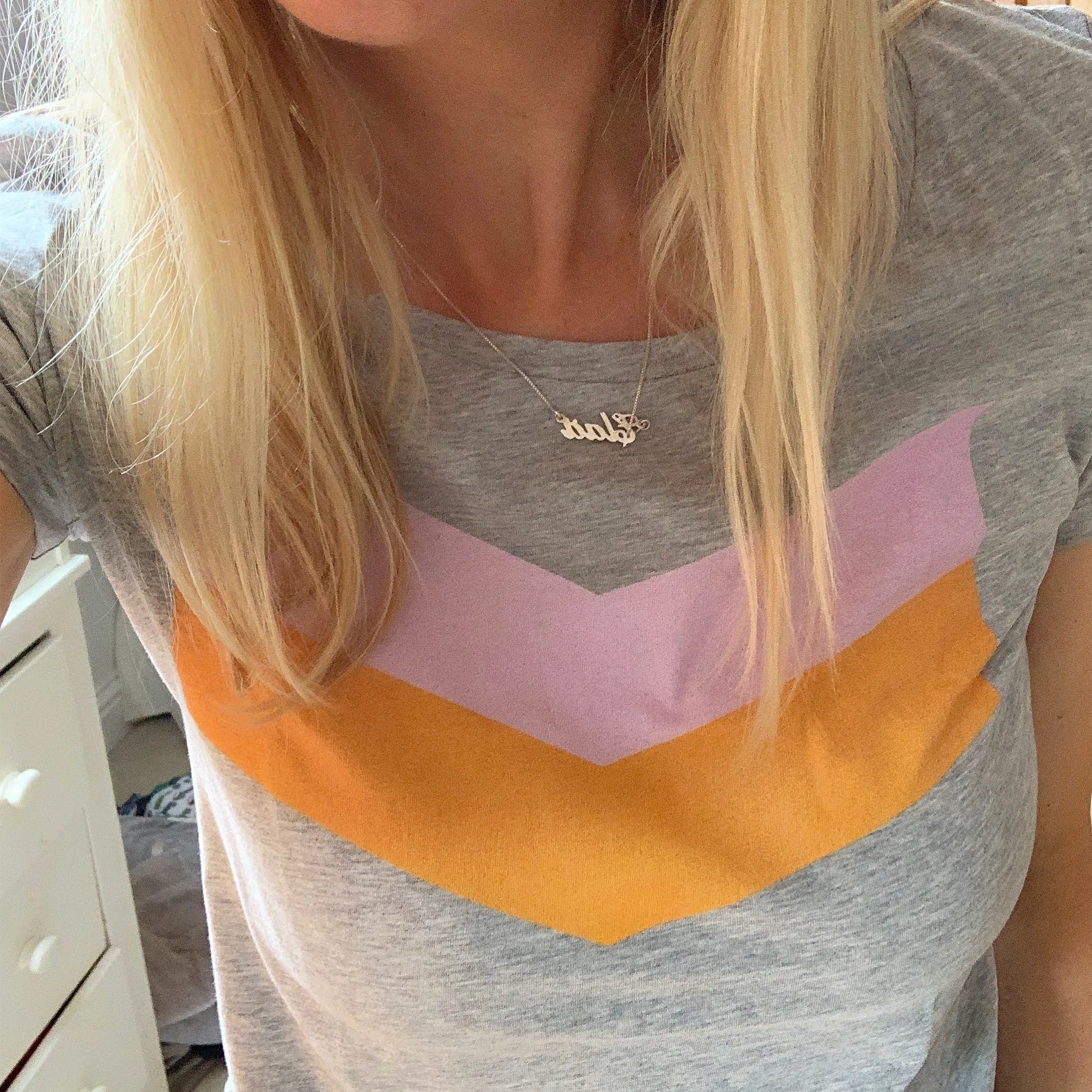 Pink & orange chevron on grey tee