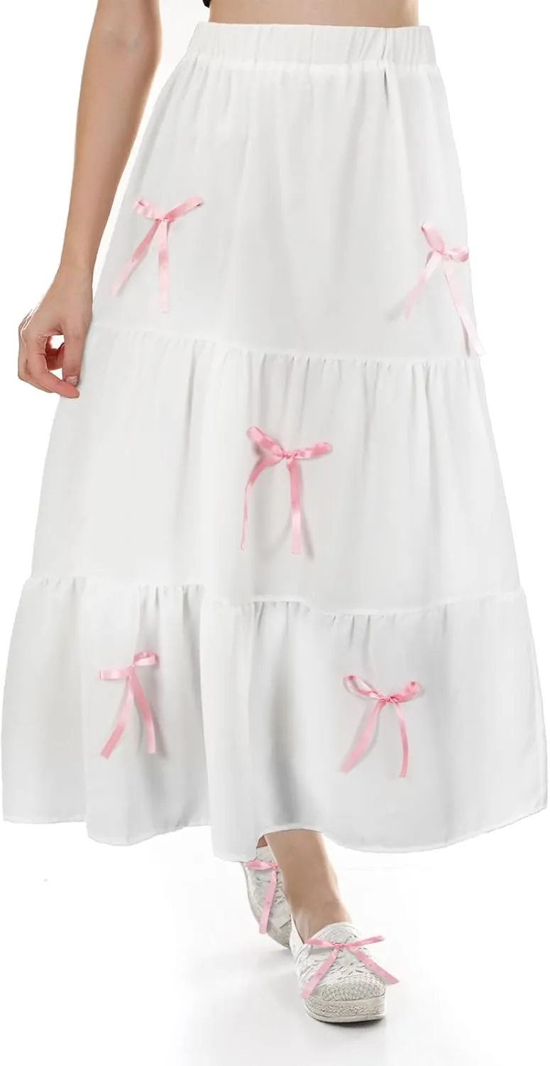 Pink Coquette Bow Skirt Women's Summer Swing Pink Bow Tiered Midi Skirt Fashion Trendy Elastic Waist Pleated Flowy Long Beach Dress