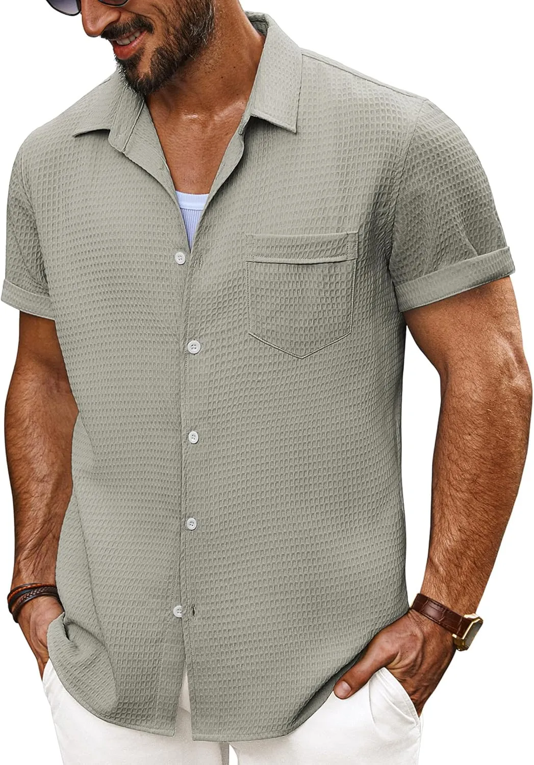 PJ PAUL JONES Mens Short Sleeve Button Down Shirts Casual Waffle Textured Loose Fit Summer Beach Shirt