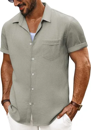 PJ PAUL JONES Mens Short Sleeve Button Down Shirts Casual Waffle Textured Loose Fit Summer Beach Shirt