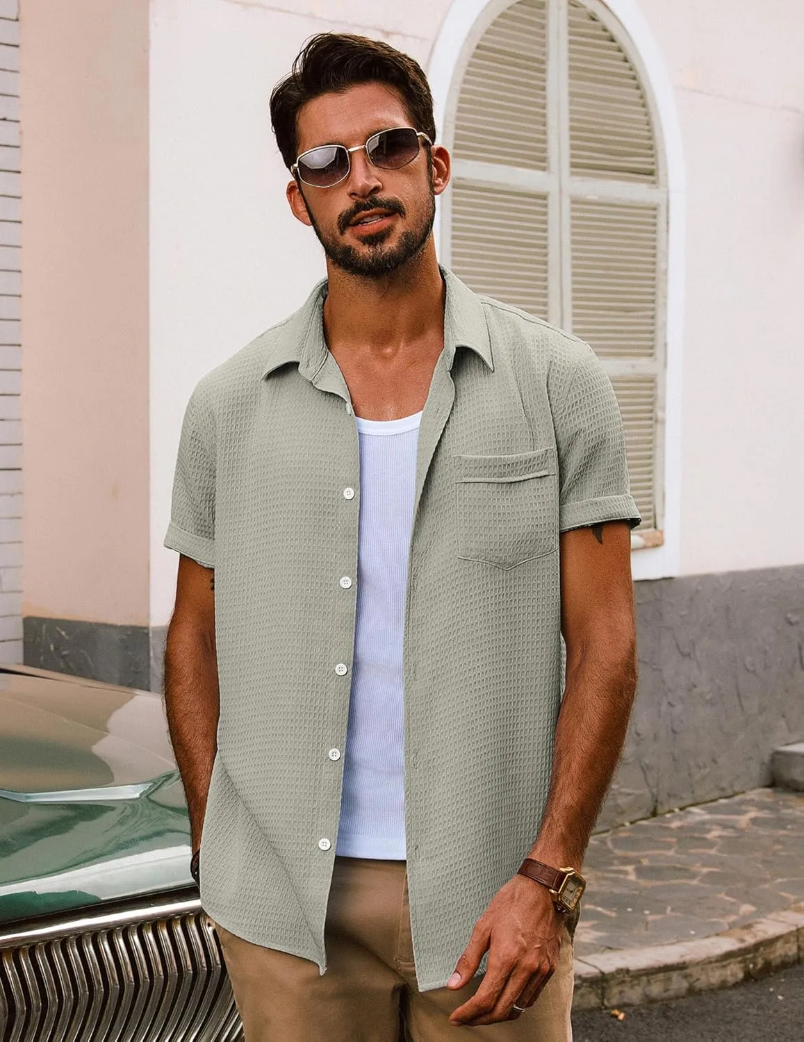 PJ PAUL JONES Mens Short Sleeve Button Down Shirts Casual Waffle Textured Loose Fit Summer Beach Shirt