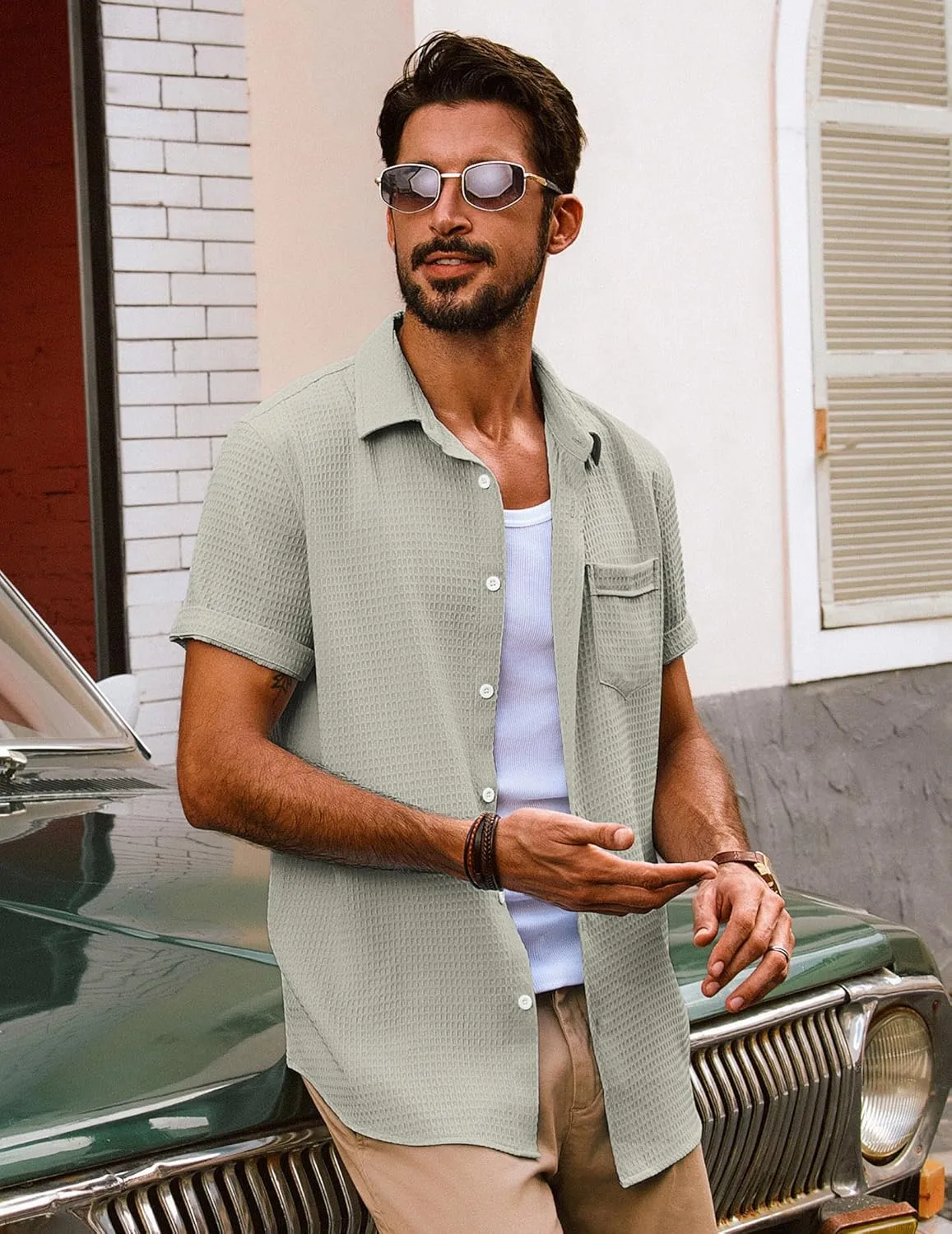 PJ PAUL JONES Mens Short Sleeve Button Down Shirts Casual Waffle Textured Loose Fit Summer Beach Shirt