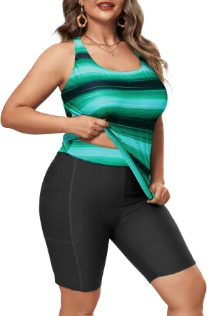Plus Size Tankini with Shorts - Women Two Piece Bathing Suit Top Tummy Control Swimwear Bottom with Pockets