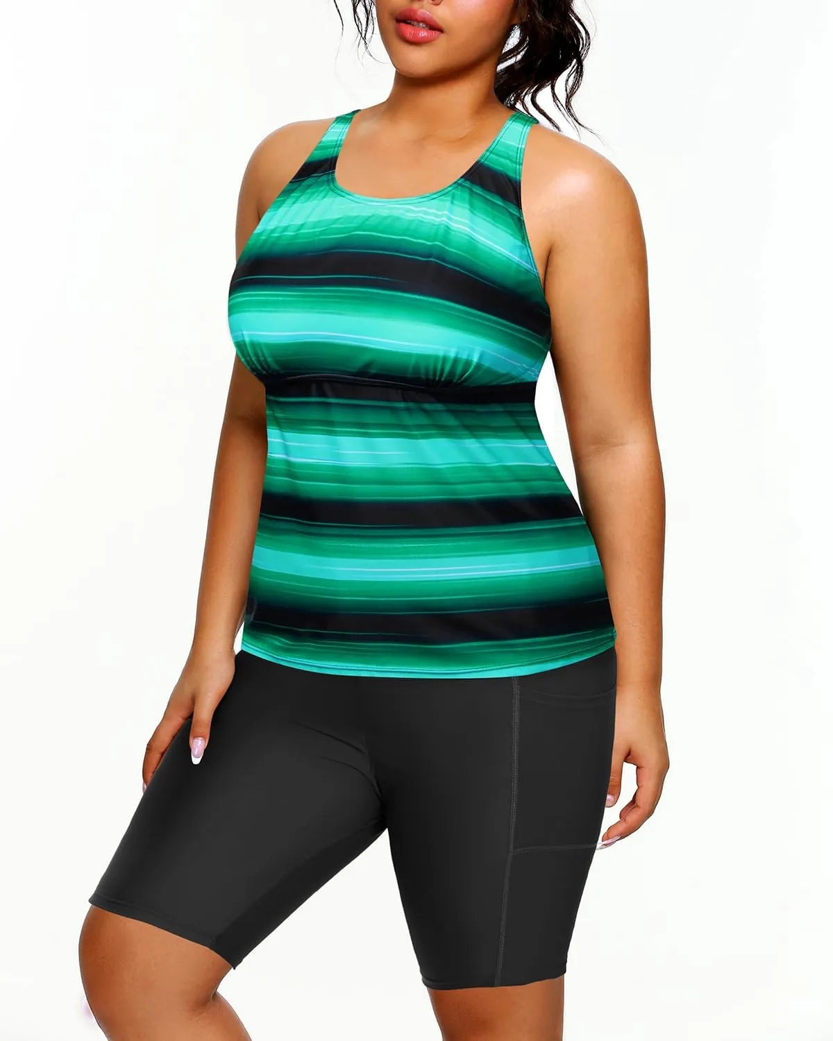 Plus Size Tankini with Shorts - Women Two Piece Bathing Suit Top Tummy Control Swimwear Bottom with Pockets