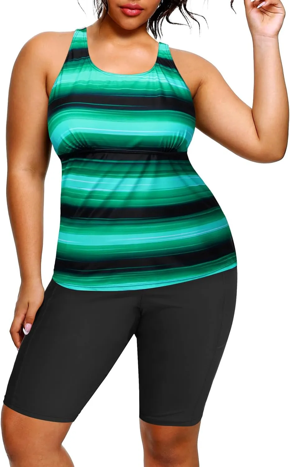 Plus Size Tankini with Shorts - Women Two Piece Bathing Suit Top Tummy Control Swimwear Bottom with Pockets