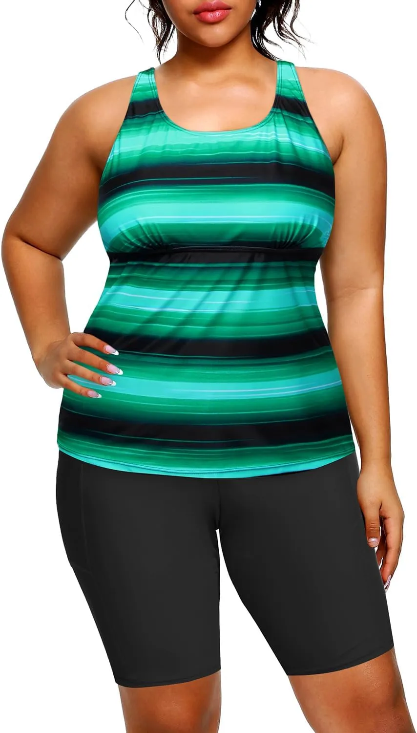 Plus Size Tankini with Shorts - Women Two Piece Bathing Suit Top Tummy Control Swimwear Bottom with Pockets