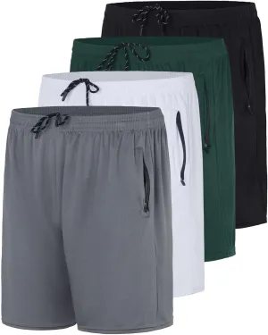 Real Essentials 4 Pack: Men's 7" Athletic Running Quick Dry Mesh Shorts with Zipper Pockets (Available in Big & Tall)