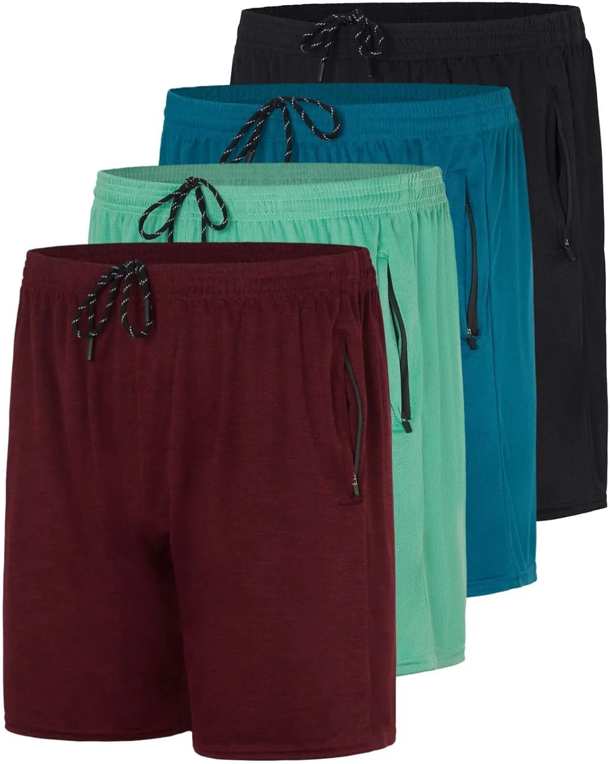 Real Essentials 4 Pack: Men's 7" Athletic Running Quick Dry Mesh Shorts with Zipper Pockets (Available in Big & Tall)