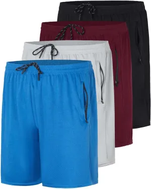 Real Essentials 4 Pack: Men's 7" Athletic Running Quick Dry Mesh Shorts with Zipper Pockets (Available in Big & Tall)