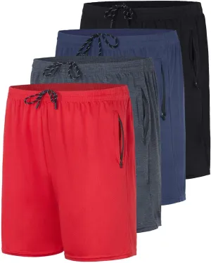 Real Essentials 4 Pack: Men's 7" Athletic Running Quick Dry Mesh Shorts with Zipper Pockets (Available in Big & Tall)