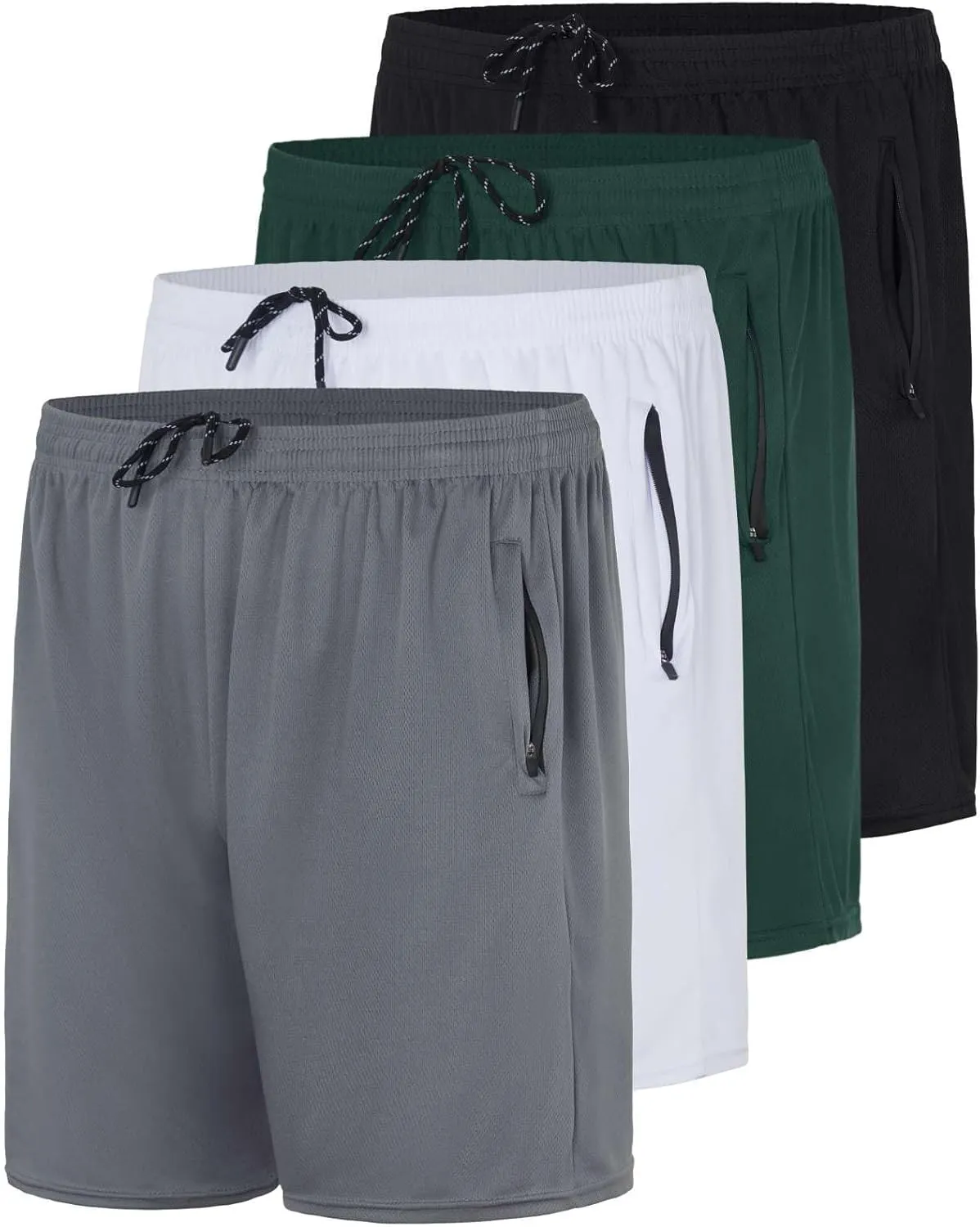Real Essentials 4 Pack: Men's 7" Athletic Running Quick Dry Mesh Shorts with Zipper Pockets (Available in Big & Tall)