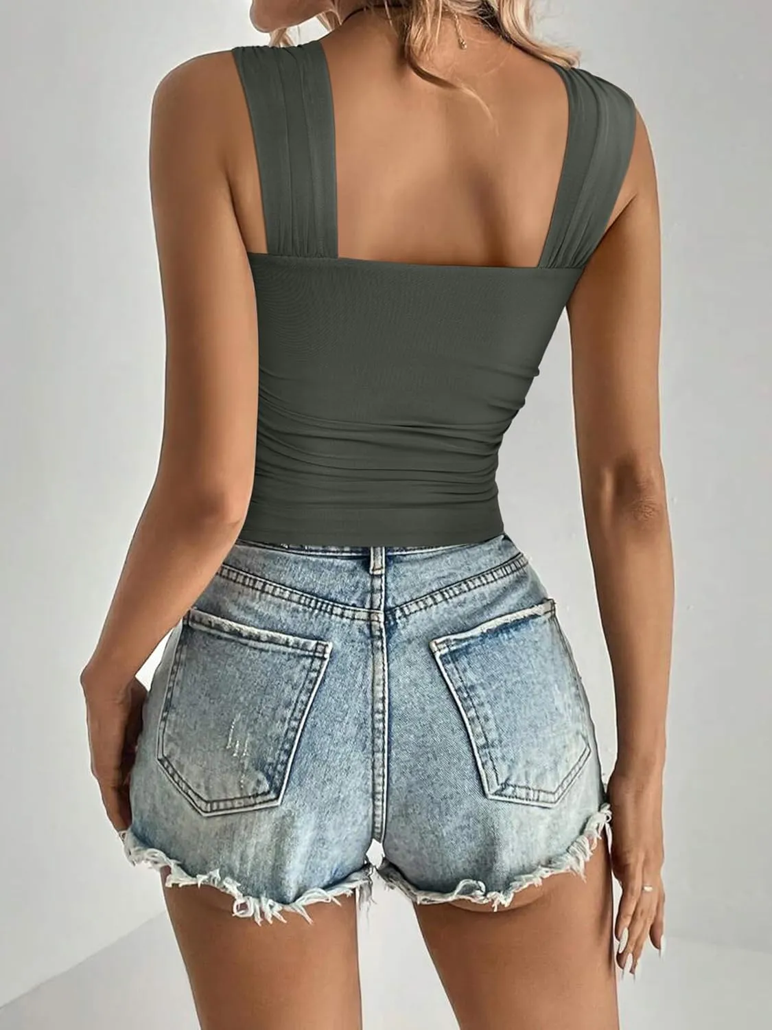 REORIA Womens Sexy Square Neck Double Lined Mesh Sheer Ruched Crop Going Out Tops Y2k Trendy Cute Tank Top Summer Outfits