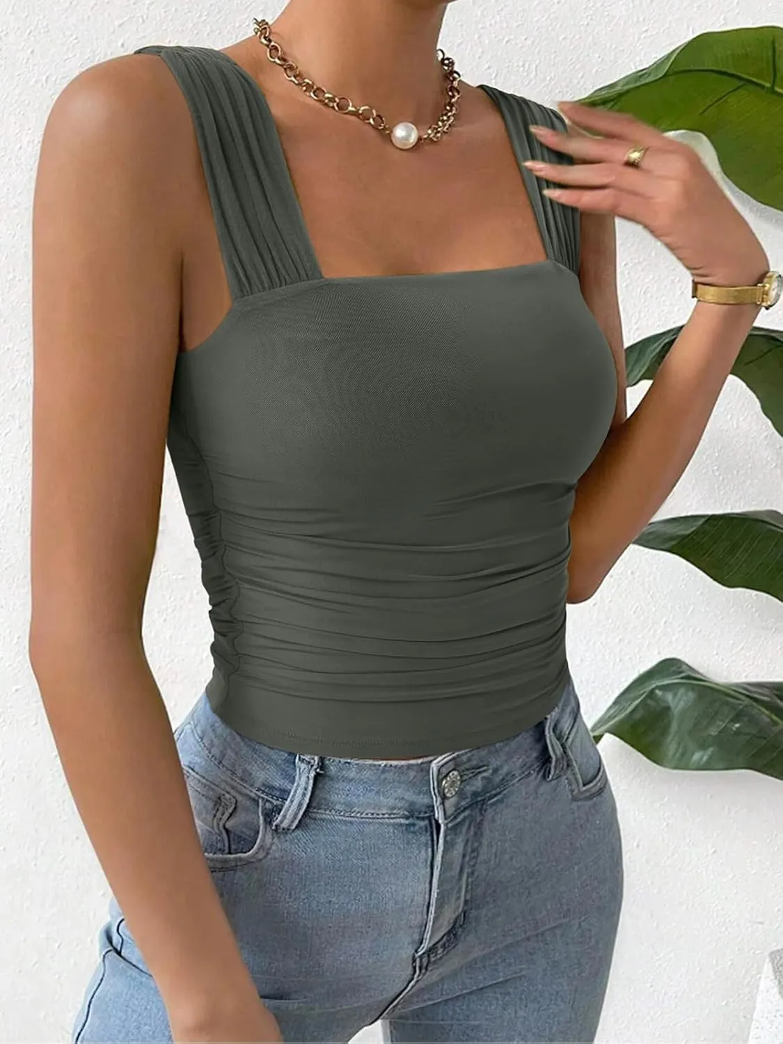 REORIA Womens Sexy Square Neck Double Lined Mesh Sheer Ruched Crop Going Out Tops Y2k Trendy Cute Tank Top Summer Outfits