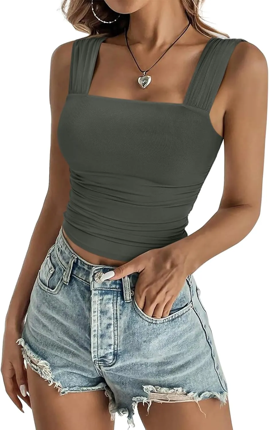 REORIA Womens Sexy Square Neck Double Lined Mesh Sheer Ruched Crop Going Out Tops Y2k Trendy Cute Tank Top Summer Outfits