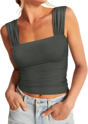 REORIA Womens Sexy Square Neck Double Lined Mesh Sheer Ruched Crop Going Out Tops Y2k Trendy Cute Tank Top Summer Outfits