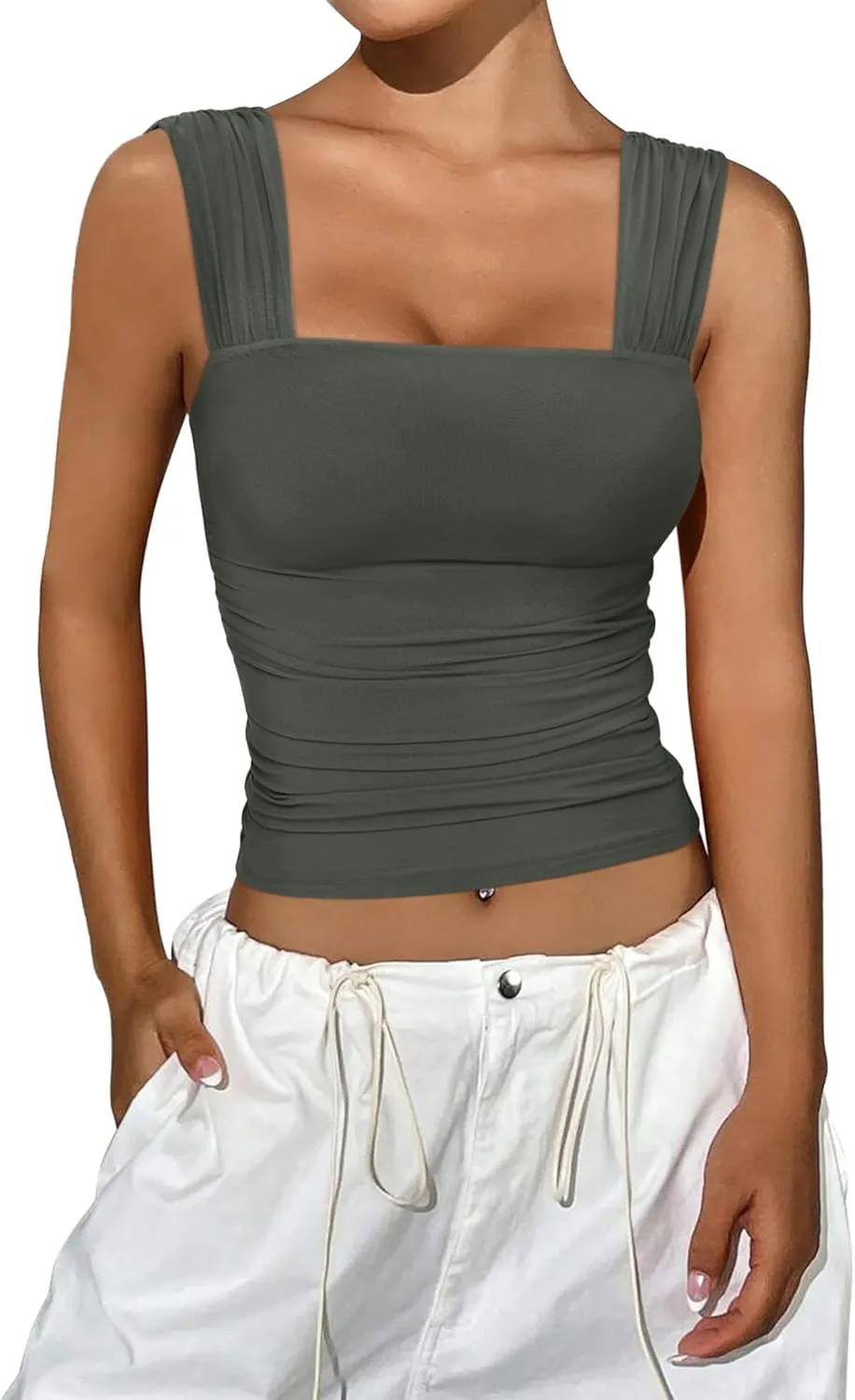 REORIA Womens Sexy Square Neck Double Lined Mesh Sheer Ruched Crop Going Out Tops Y2k Trendy Cute Tank Top Summer Outfits