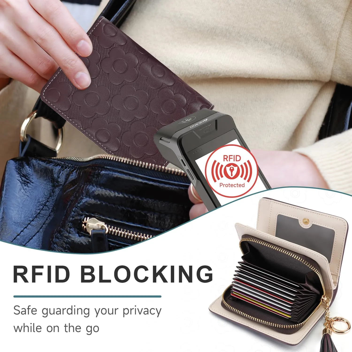 RFID Blocking Wallet Women Cute Embossed Floral Leather Credit Card Holder Wallet for Women with Tassel Accordion Purse Bifold Ladies Small Womens Wallets with Zipper Coin Pocket Coffee