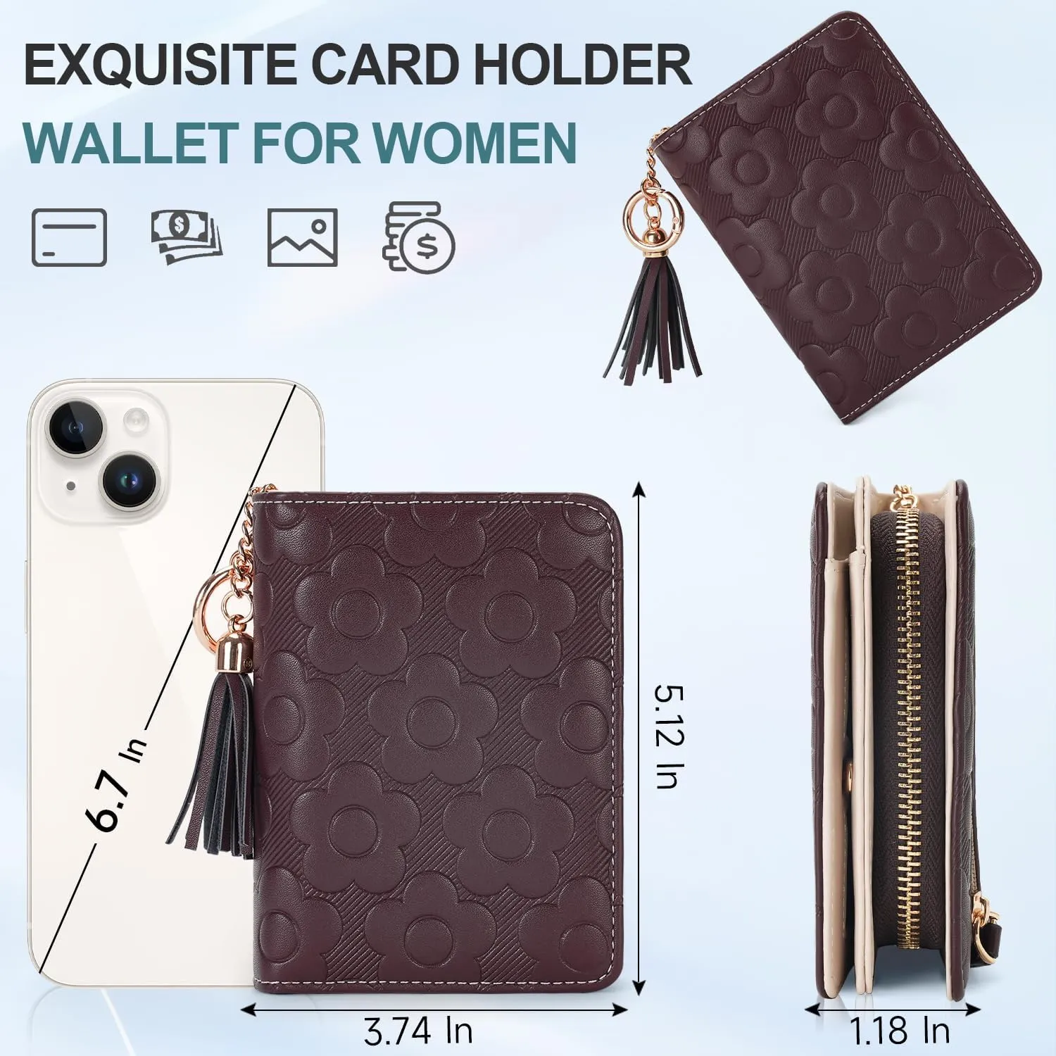 RFID Blocking Wallet Women Cute Embossed Floral Leather Credit Card Holder Wallet for Women with Tassel Accordion Purse Bifold Ladies Small Womens Wallets with Zipper Coin Pocket Coffee