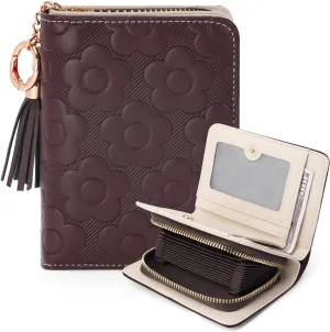 RFID Blocking Wallet Women Cute Embossed Floral Leather Credit Card Holder Wallet for Women with Tassel Accordion Purse Bifold Ladies Small Womens Wallets with Zipper Coin Pocket Coffee