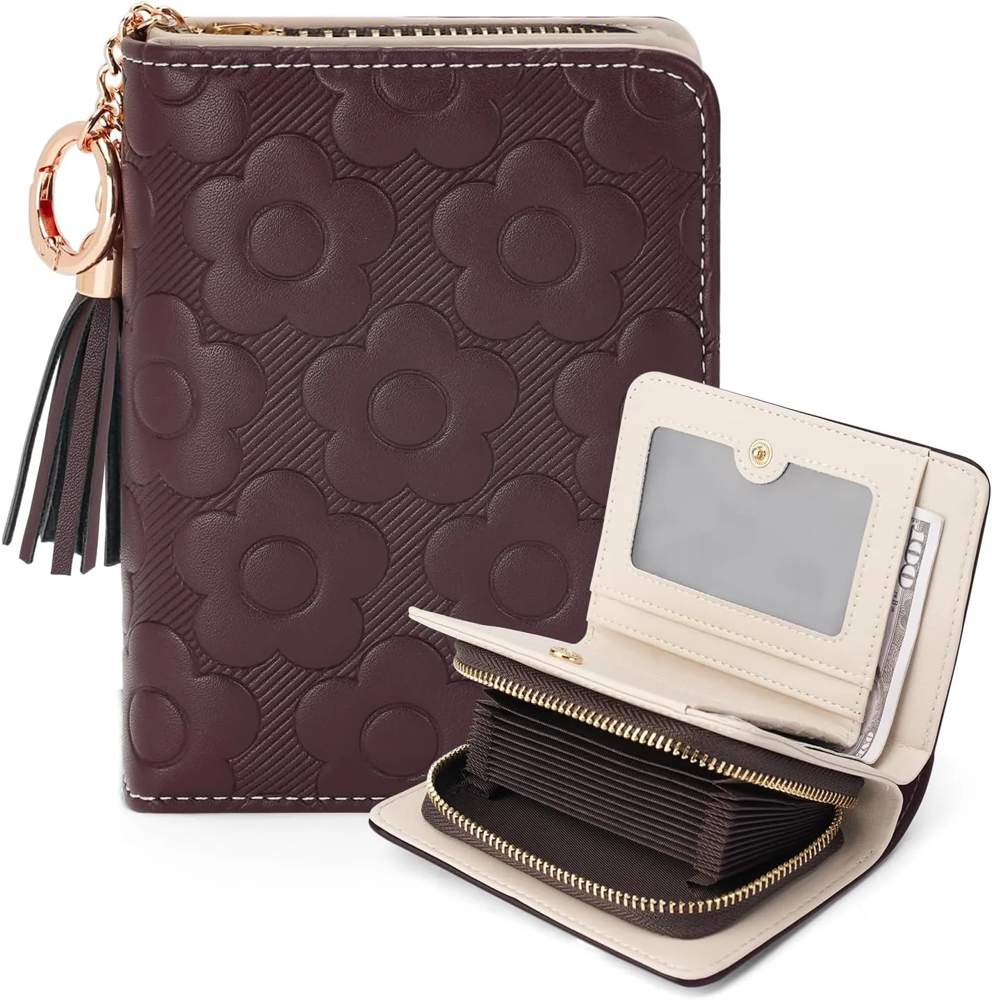 RFID Blocking Wallet Women Cute Embossed Floral Leather Credit Card Holder Wallet for Women with Tassel Accordion Purse Bifold Ladies Small Womens Wallets with Zipper Coin Pocket Coffee