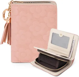 RFID Blocking Wallet Women Cute Embossed Floral Leather Credit Card Holder Wallet for Women with Tassel Accordion Purse Bifold Ladies Small Womens Wallets with Zipper Coin Pocket Pink