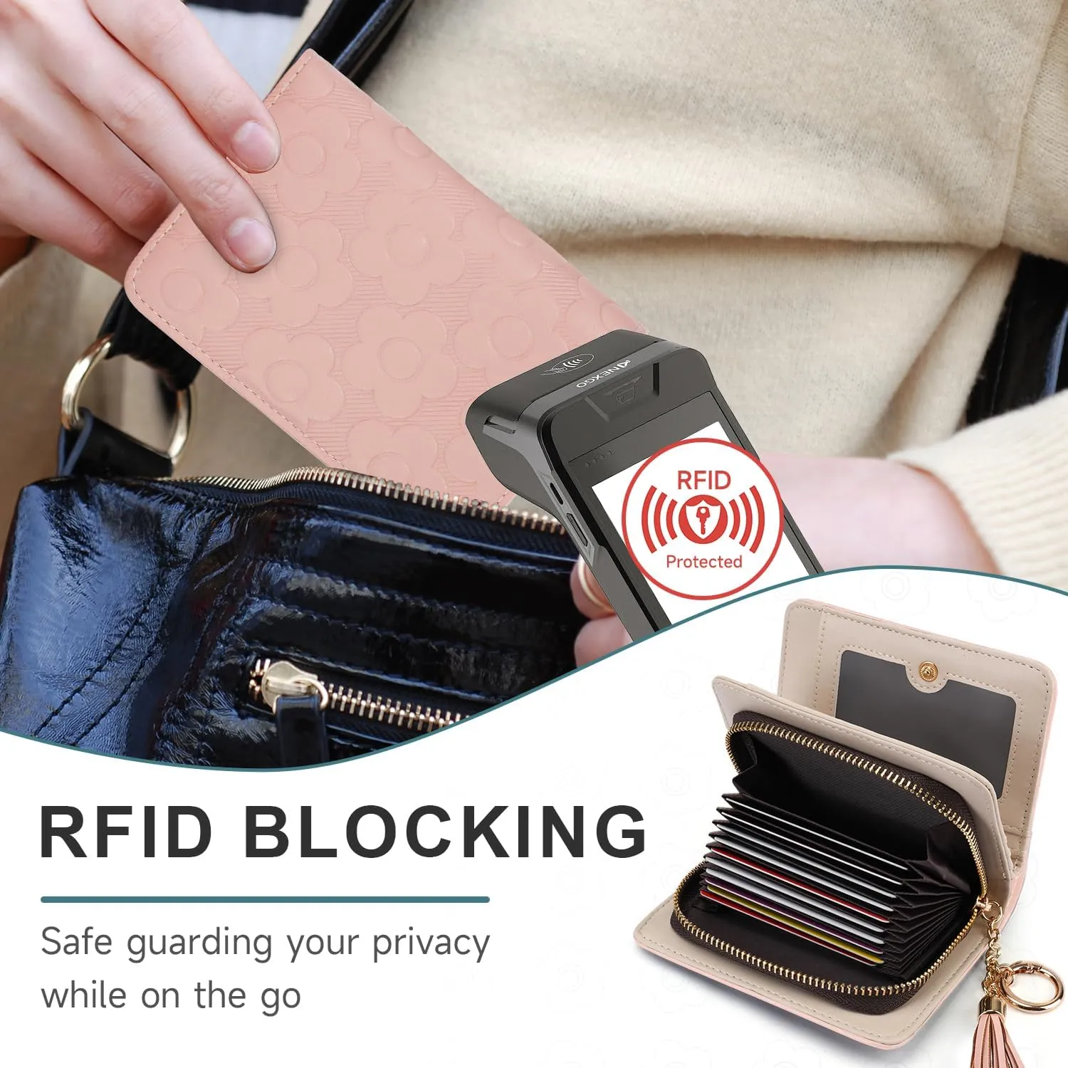 RFID Blocking Wallet Women Cute Embossed Floral Leather Credit Card Holder Wallet for Women with Tassel Accordion Purse Bifold Ladies Small Womens Wallets with Zipper Coin Pocket Pink