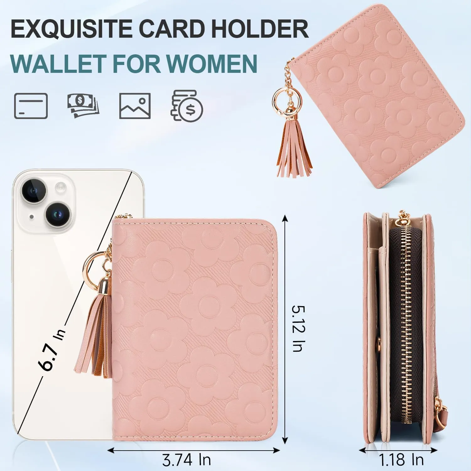 RFID Blocking Wallet Women Cute Embossed Floral Leather Credit Card Holder Wallet for Women with Tassel Accordion Purse Bifold Ladies Small Womens Wallets with Zipper Coin Pocket Pink